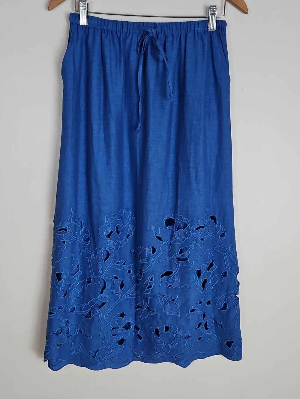 Rachel Rachel Roy Linen Blend Midi Skirt  Embroidery Eyelet Blue Elastic Waist S